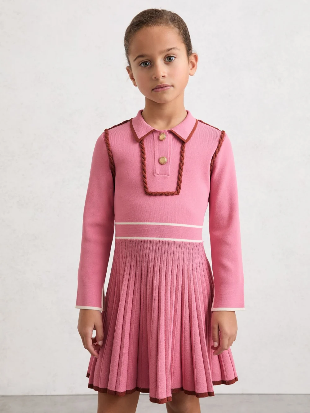 Reiss Girls Pink & Cream Knitted Piped Skater Dress, view 2