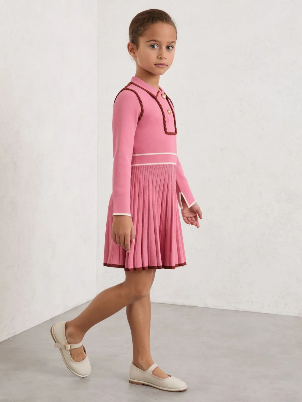 Reiss Girls Pink & Cream Knitted Piped Skater Dress, view 3