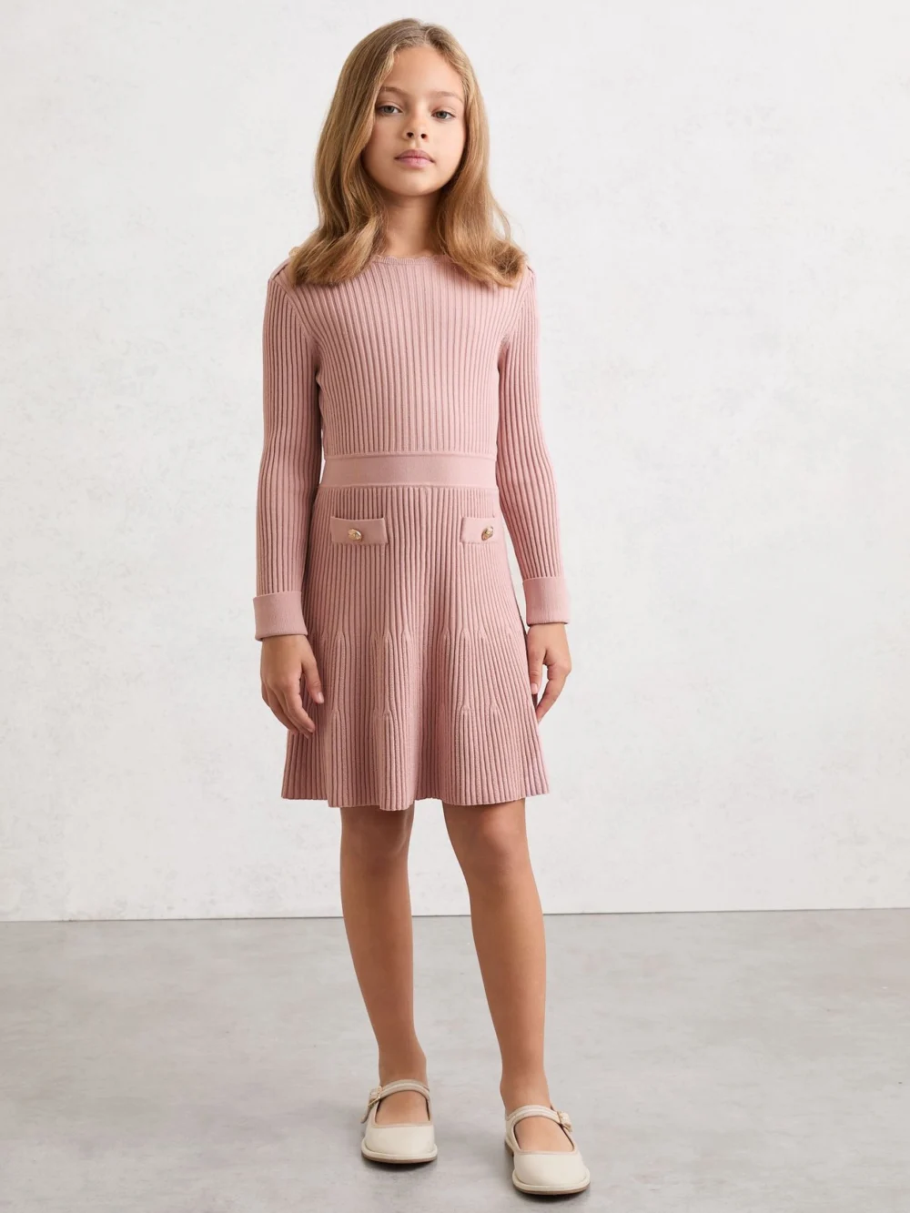 Reiss Girls Pink Rib-Knit Skater Dress, view 2