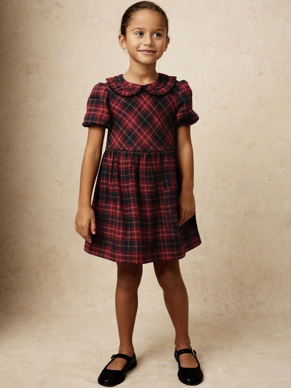 Reiss Girls Red & Black Cotton Tartan Check Peter Pan Collared Dress, view 3