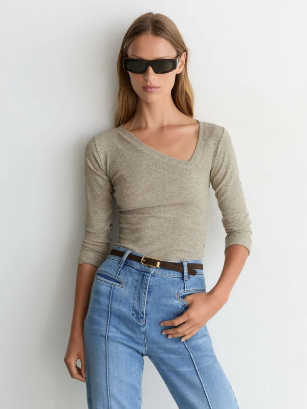 Reiss Gold Asymmetric Metallic Long-sleeve Top