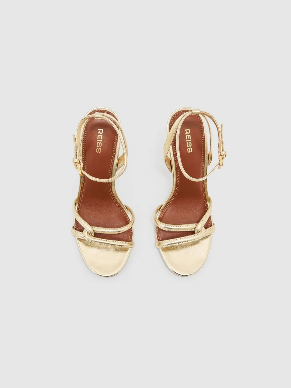 Reiss Gold Leather Link-strap Stiletto Sandals, view 3