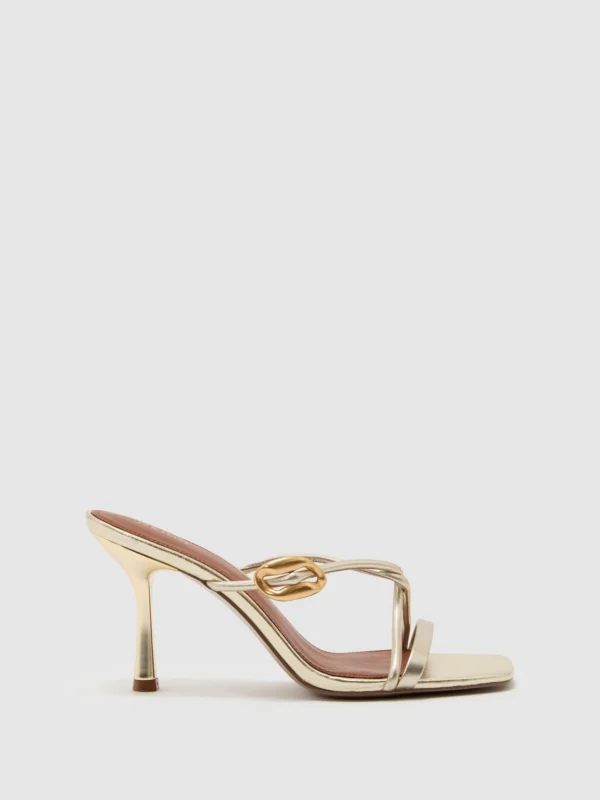 Reiss Gold Leather Metallic Detail Heeled Sandals