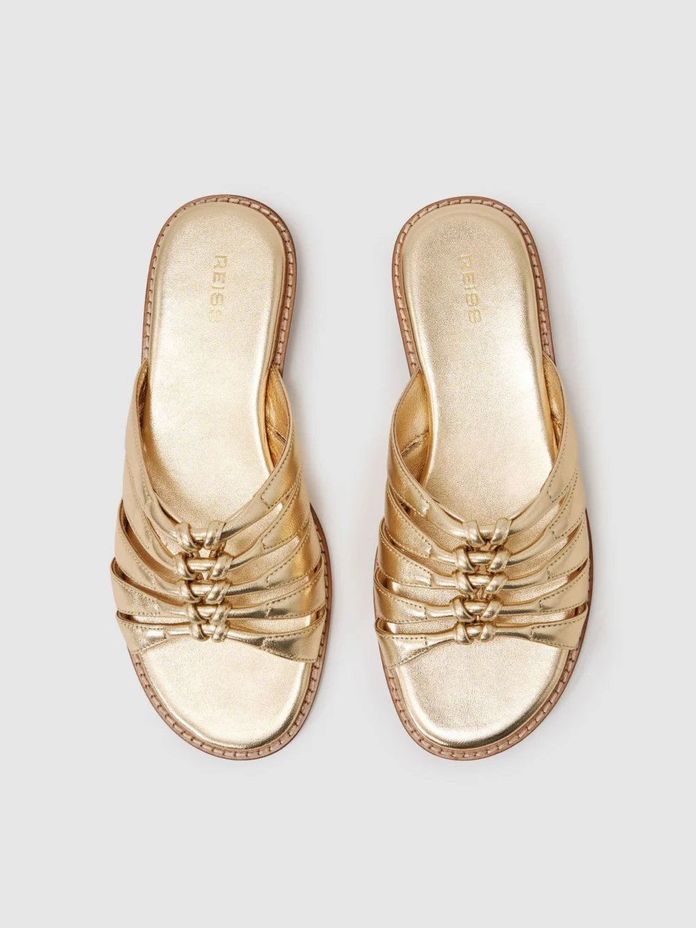 Reiss Gold Leather Metallic Knotted Flat Sandals, view 3