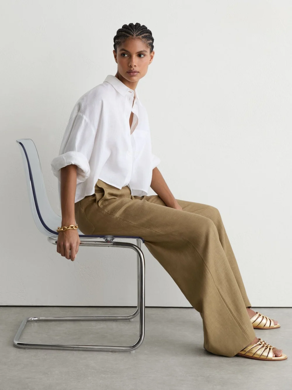 Reiss Gold Leather Metallic Knotted Flat Sandals, view 4