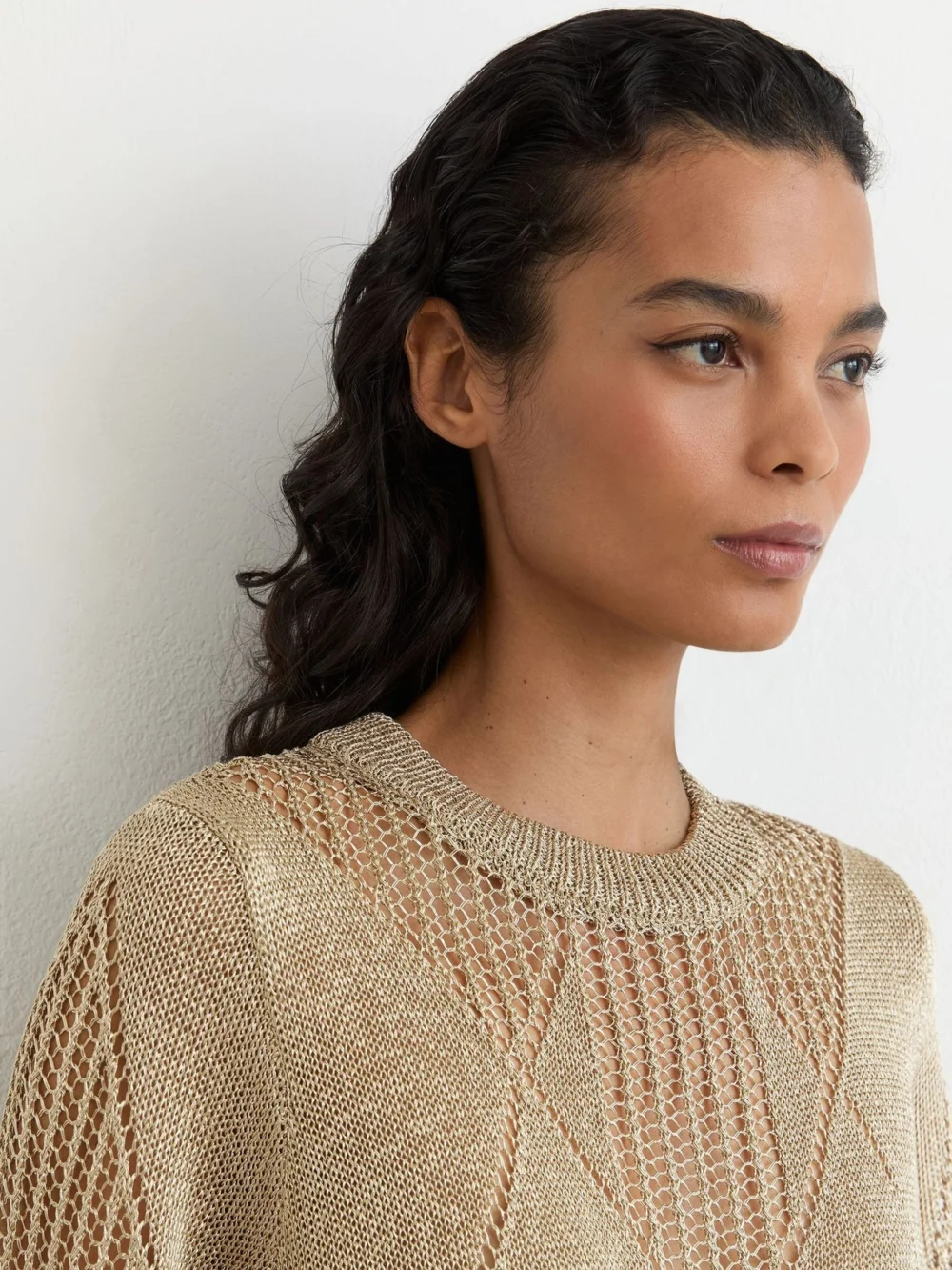Reiss Gold Metallic Argyle Open-knit Top, view 3
