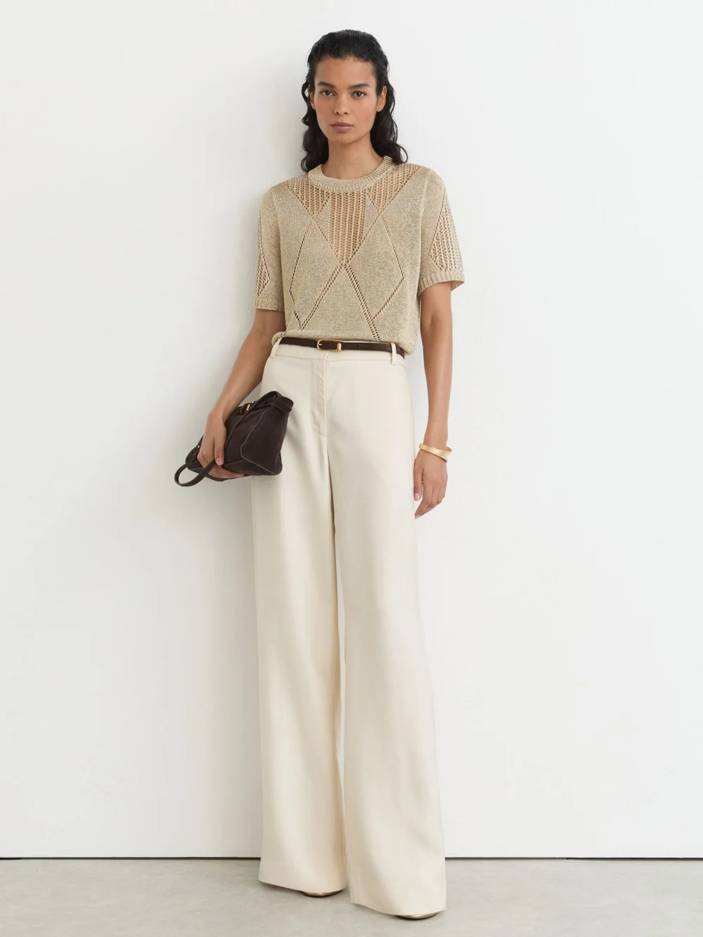 Reiss Gold Metallic Argyle Open-knit Top, view 4