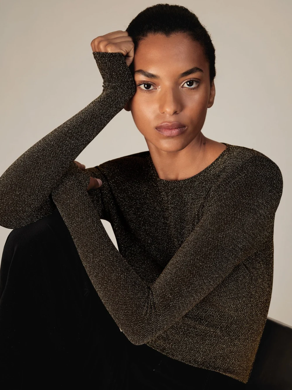 Reiss Gold Metallic-knit Long-sleeve Top