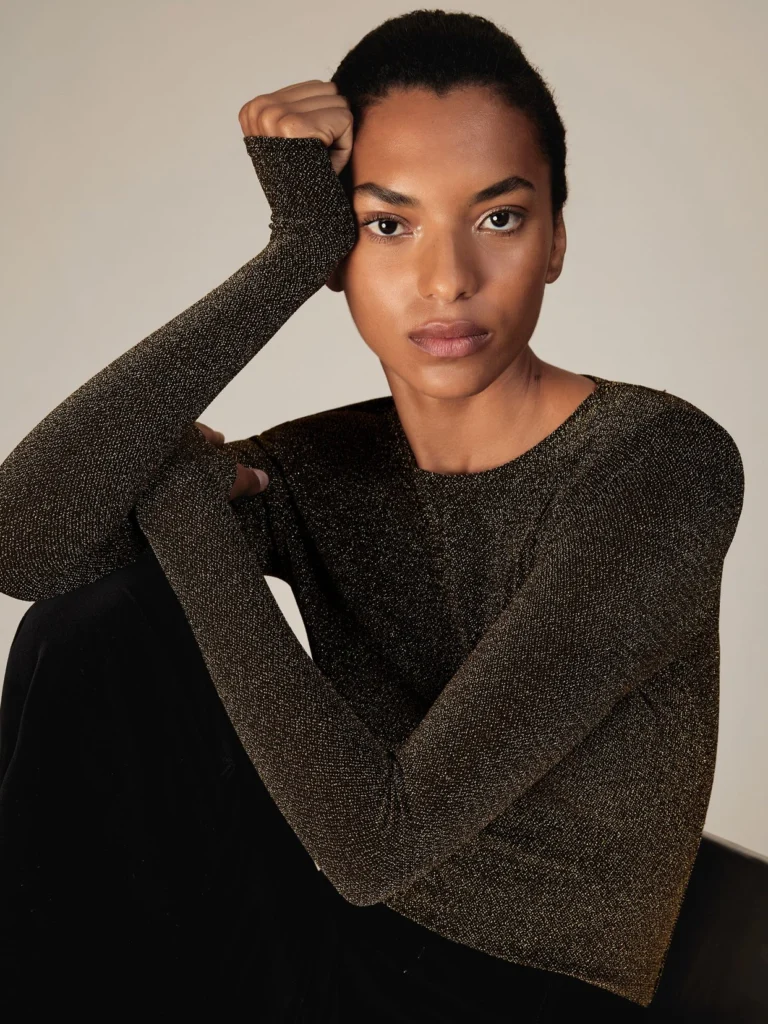 Reiss Gold Metallic-knit Long-sleeve Top