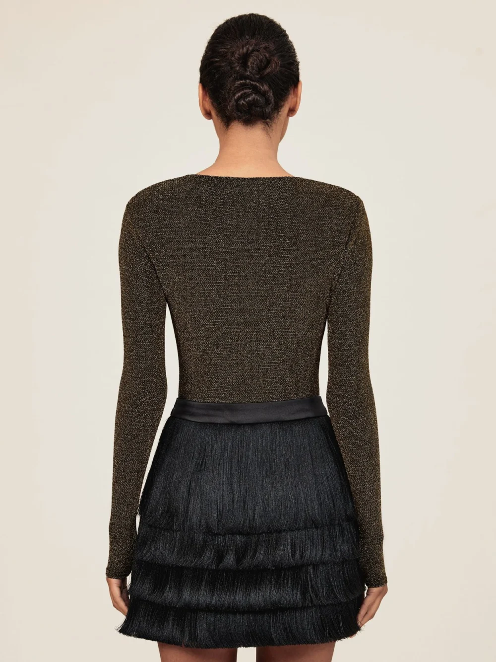 Reiss Gold Metallic-knit Long-sleeve Top, view 4