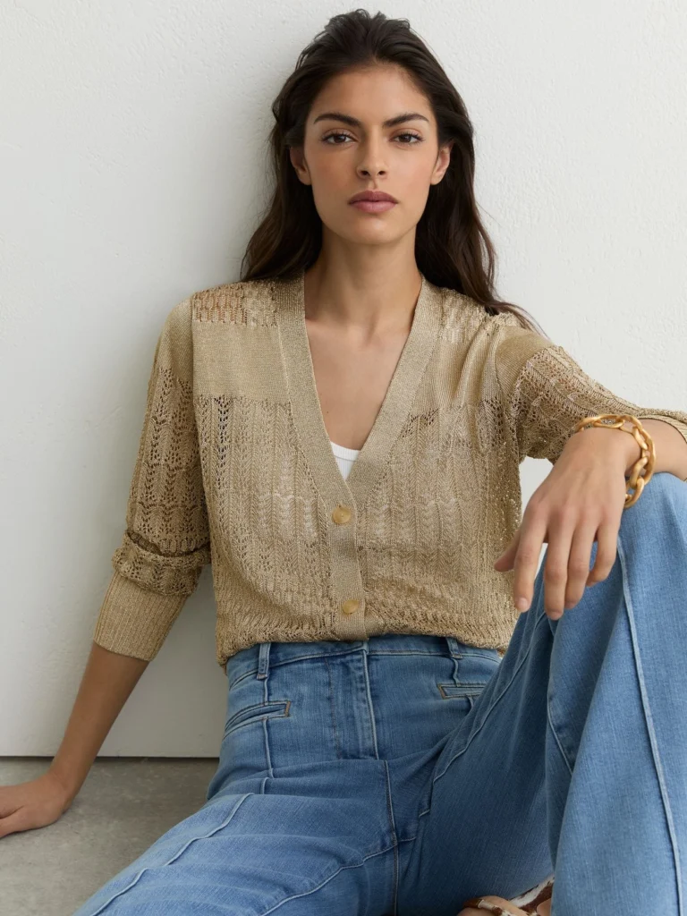 Reiss Gold Metallic Pointelle-knit Cardigan