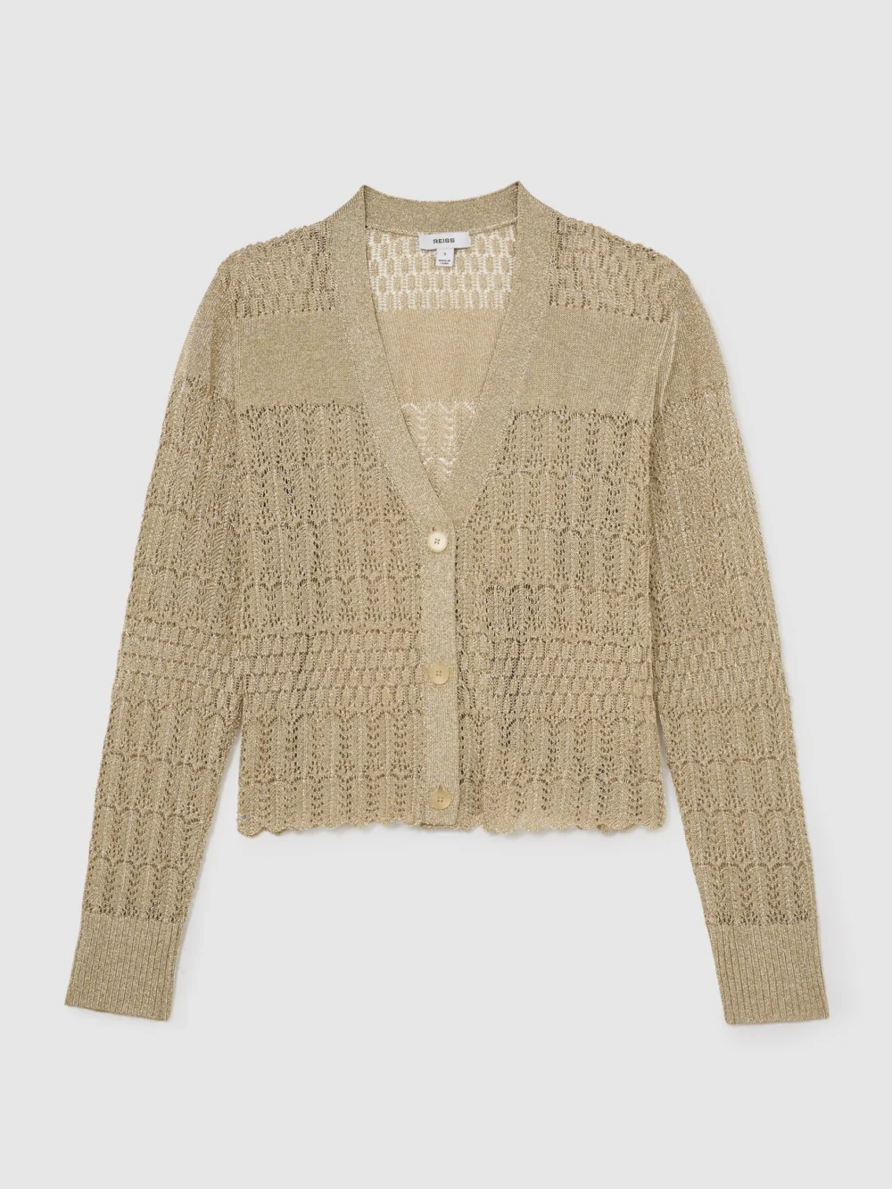 Reiss Gold Metallic Pointelle-knit Cardigan, view 2