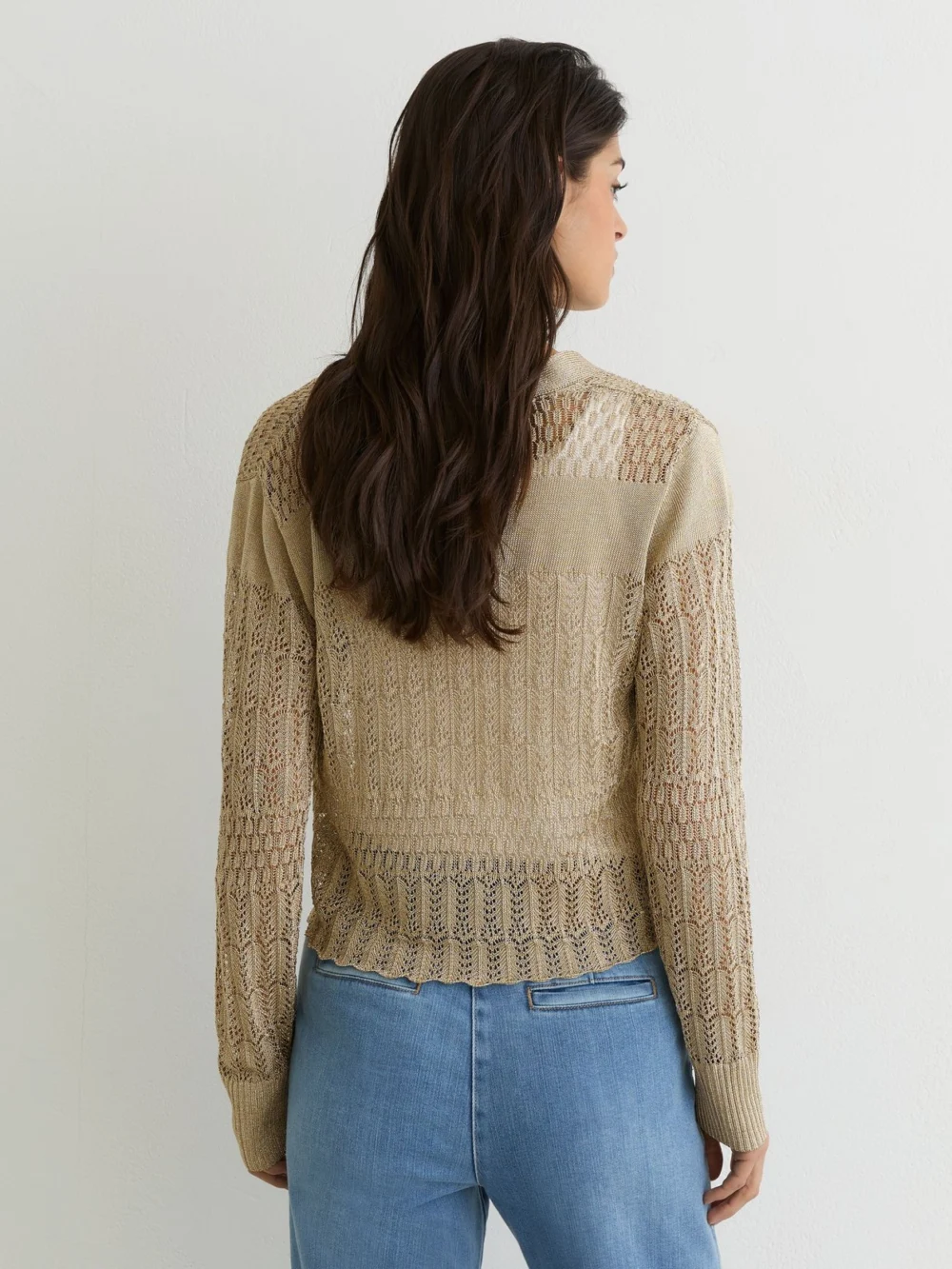 Reiss Gold Metallic Pointelle-knit Cardigan, view 3