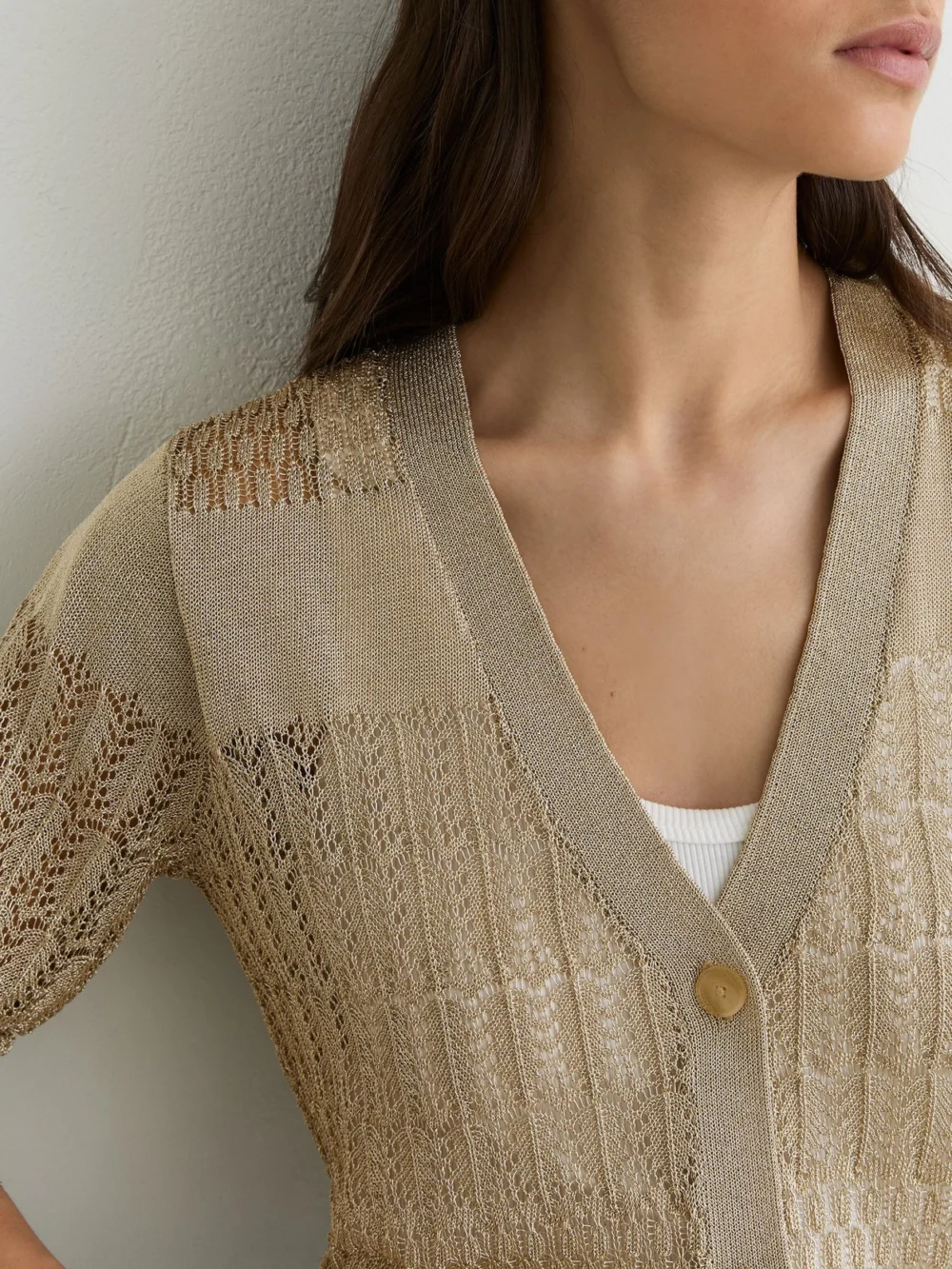 Reiss Gold Metallic Pointelle-knit Cardigan, view 4