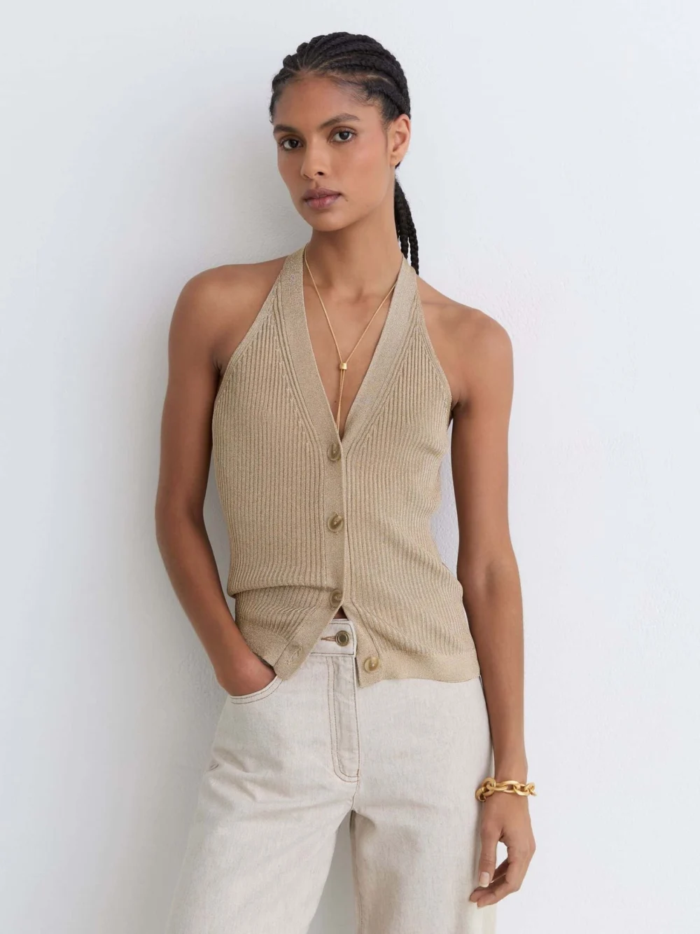 Reiss Gold Metallic Rib-knit Waistcoat
