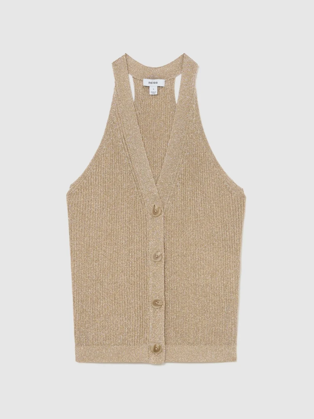 Reiss Gold Metallic Rib-knit Waistcoat, view 2
