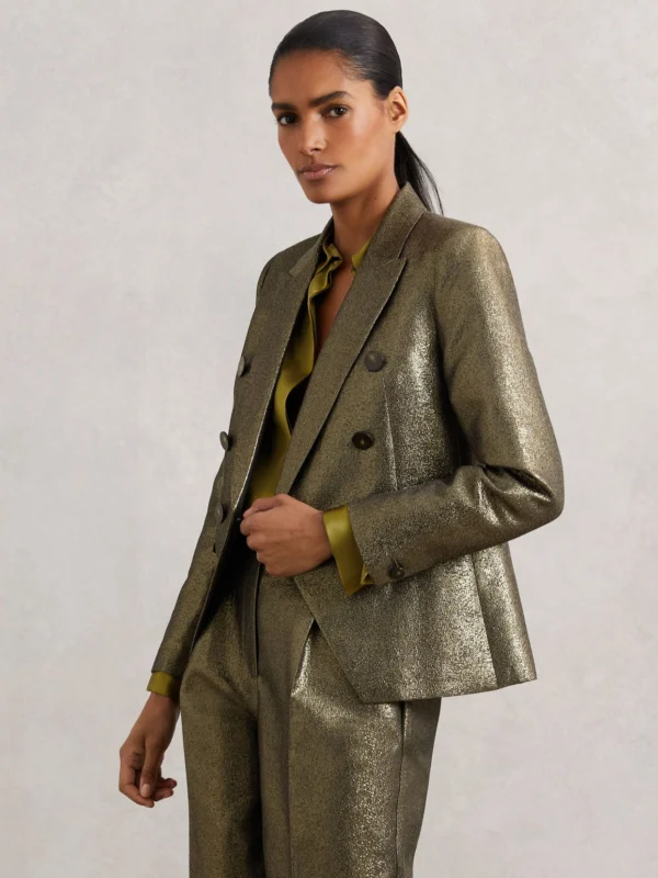 Reiss Gold Petite Double-breasted Metallic Suit Blazer with Cotton