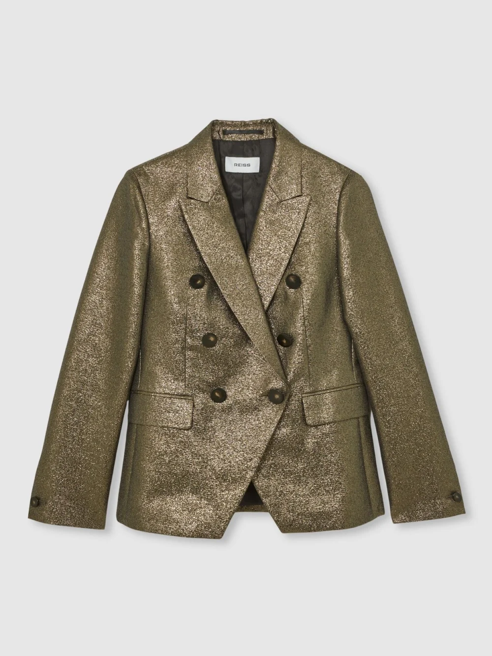Reiss Gold Petite Double-breasted Metallic Suit Blazer with Cotton, view 2