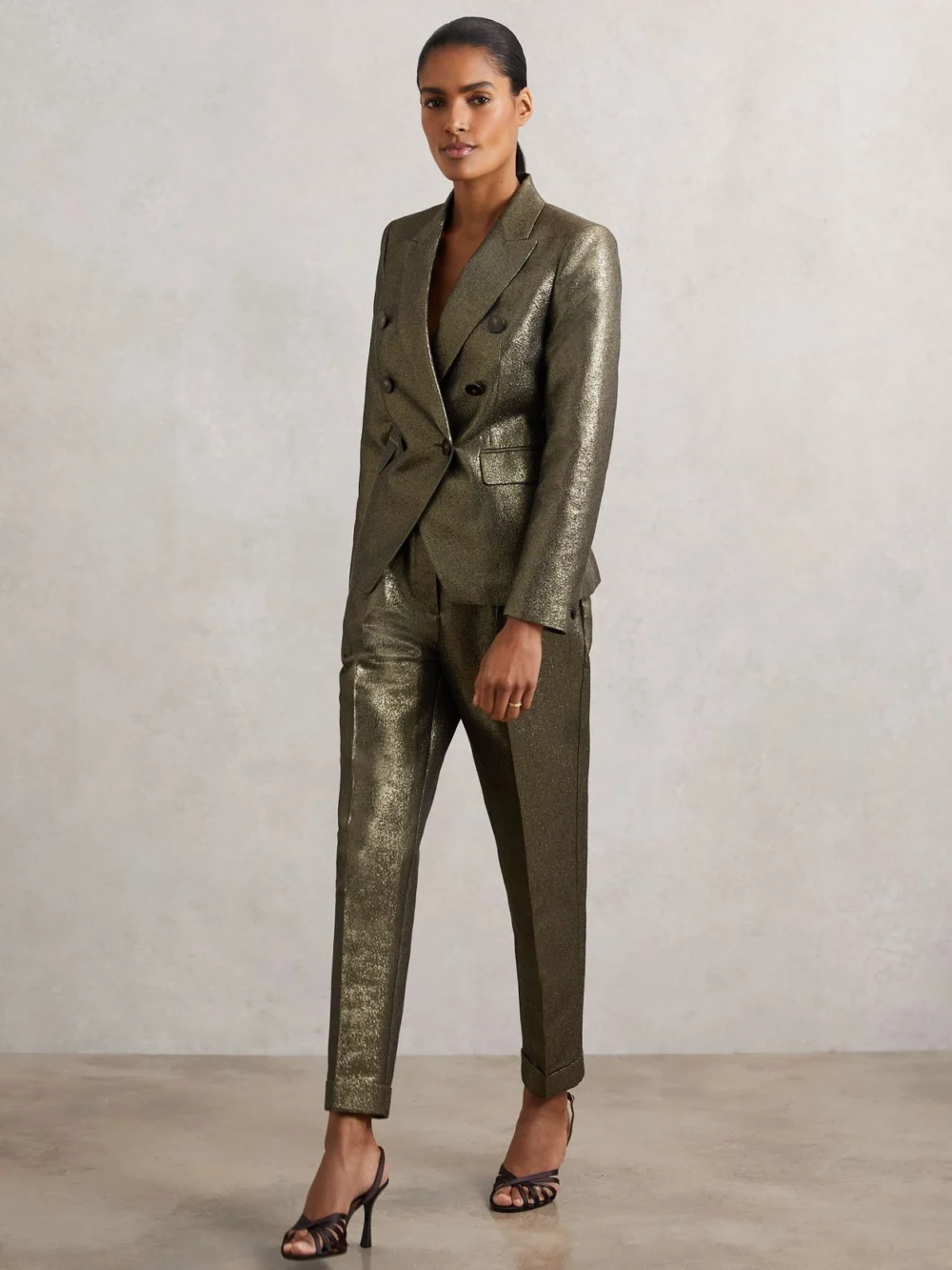 Reiss Gold Petite Double-breasted Metallic Suit Blazer with Cotton, view 3
