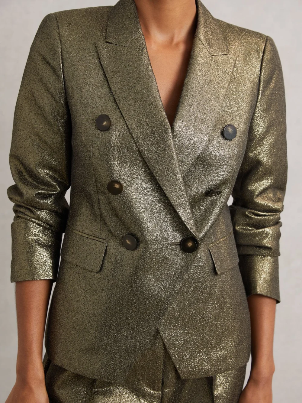Reiss Gold Petite Double-breasted Metallic Suit Blazer with Cotton, view 4