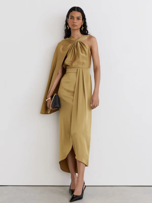 Reiss Gold Satin Side-cape Draped Midi Dress