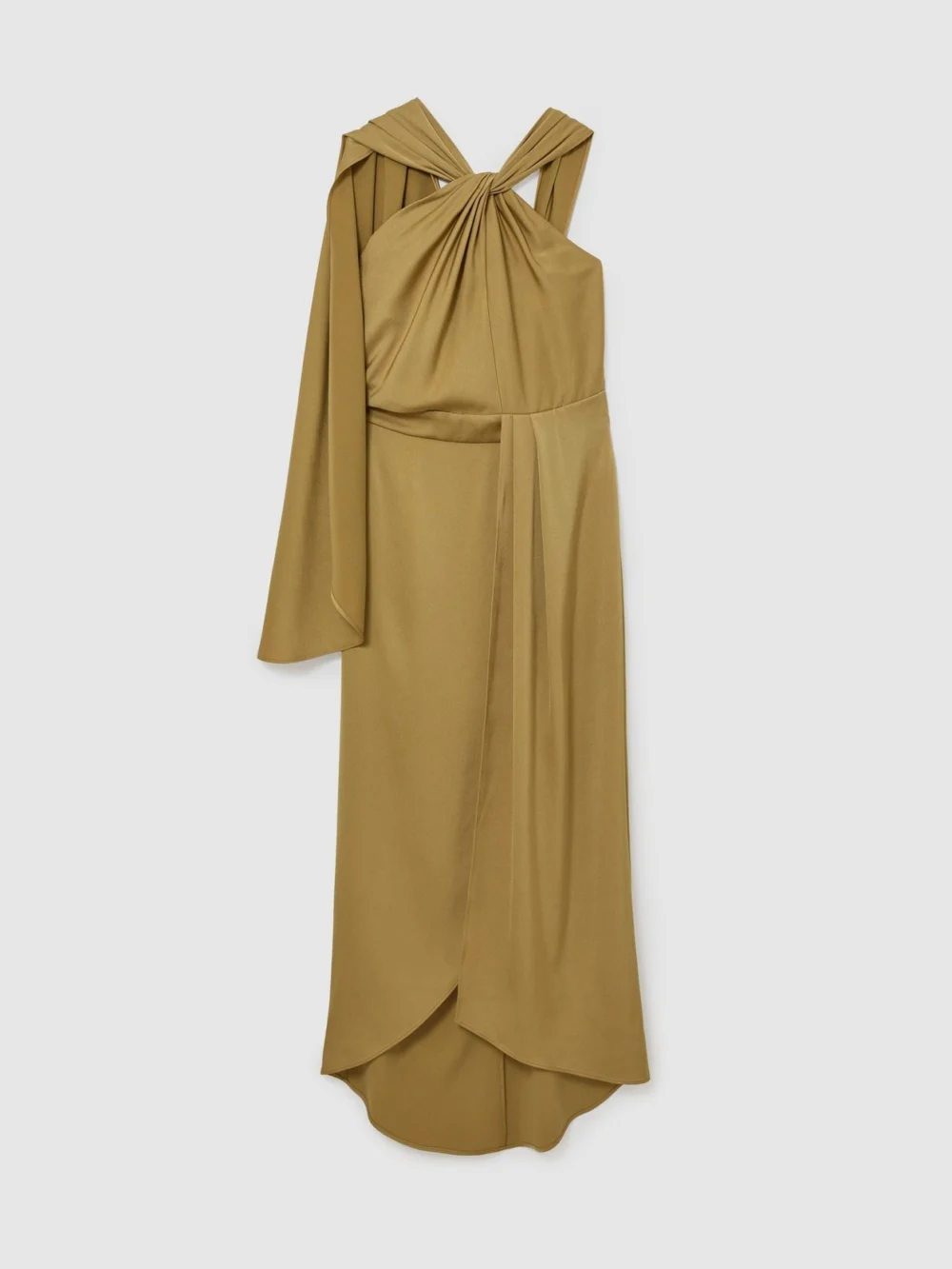 Reiss Gold Satin Side-cape Draped Midi Dress, view 2