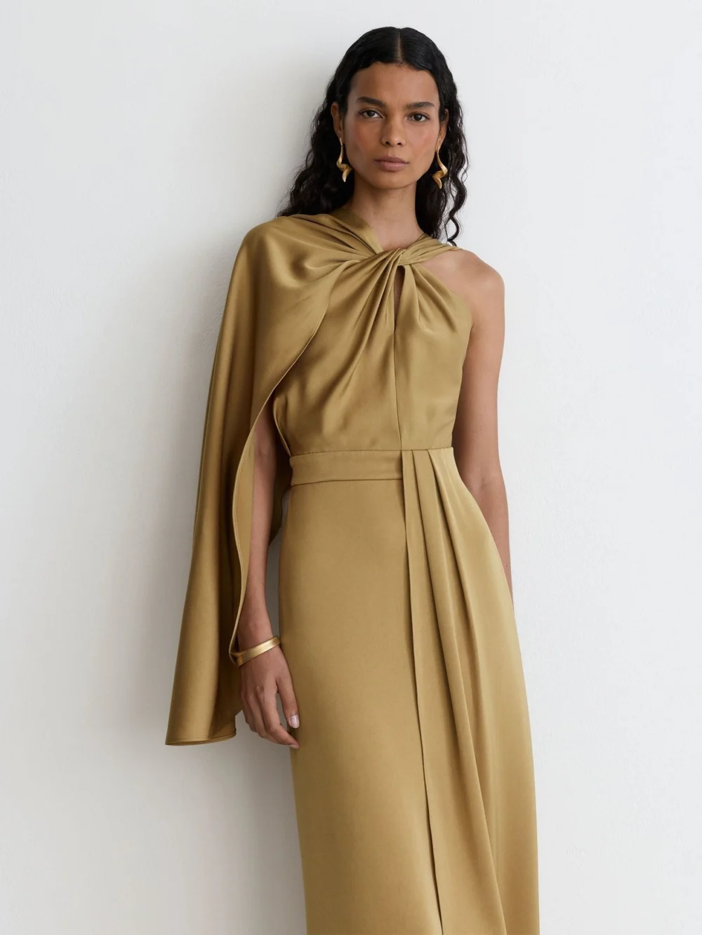 Reiss Gold Satin Side-cape Draped Midi Dress, view 3