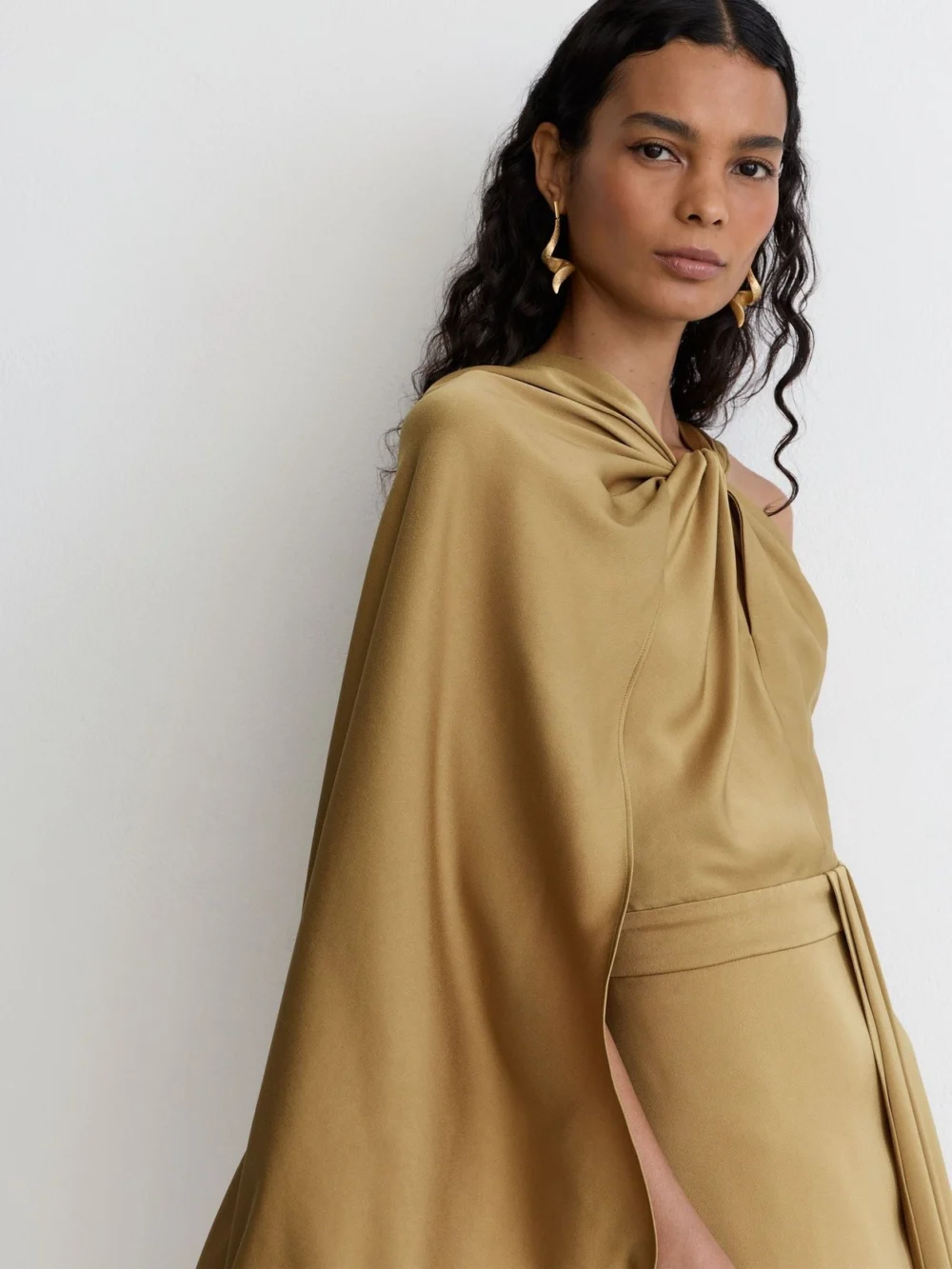 Reiss Gold Satin Side-cape Draped Midi Dress, view 4