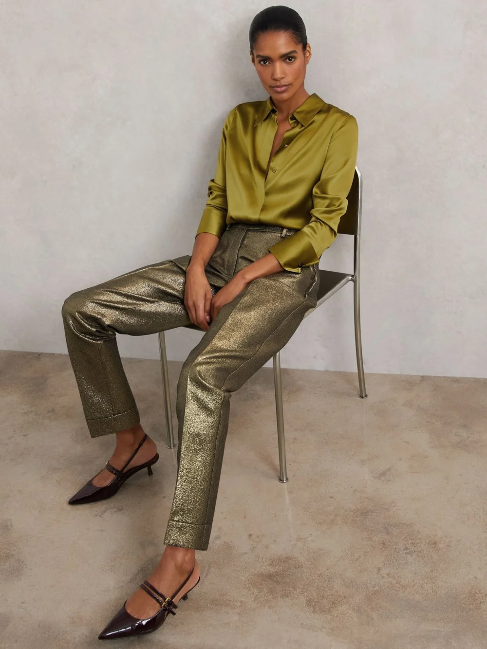 Reiss Gold Tapered Metallic Suit Trousers with Cotton