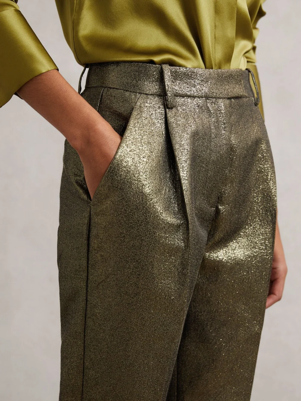 Reiss Gold Tapered Metallic Suit Trousers with Cotton, view 3