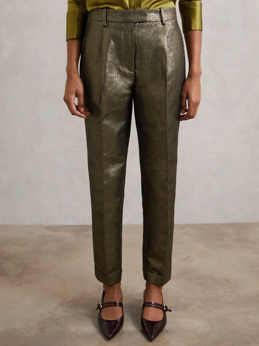 Reiss Gold Tapered Metallic Suit Trousers with Cotton, view 4