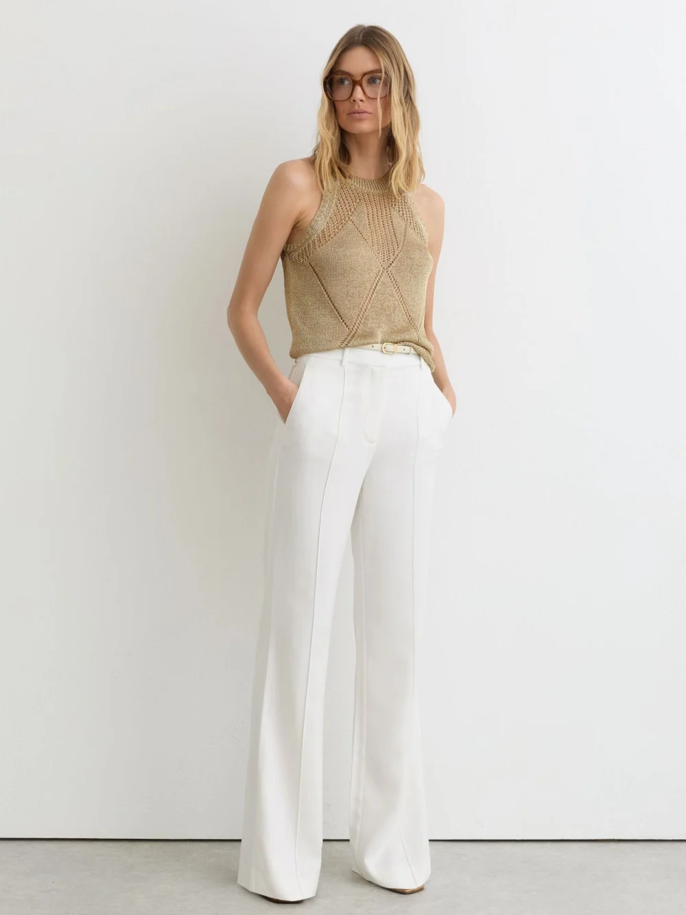 Reiss Gold Textured-knit Metallic Vest, view 3