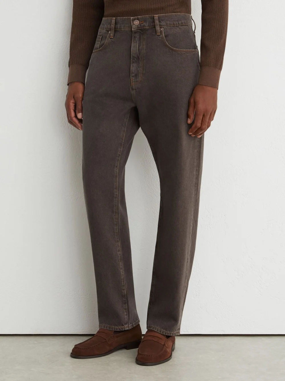 Reiss Grape Brown Yarn-dyed Relaxed Straight-leg Jeans, view 4