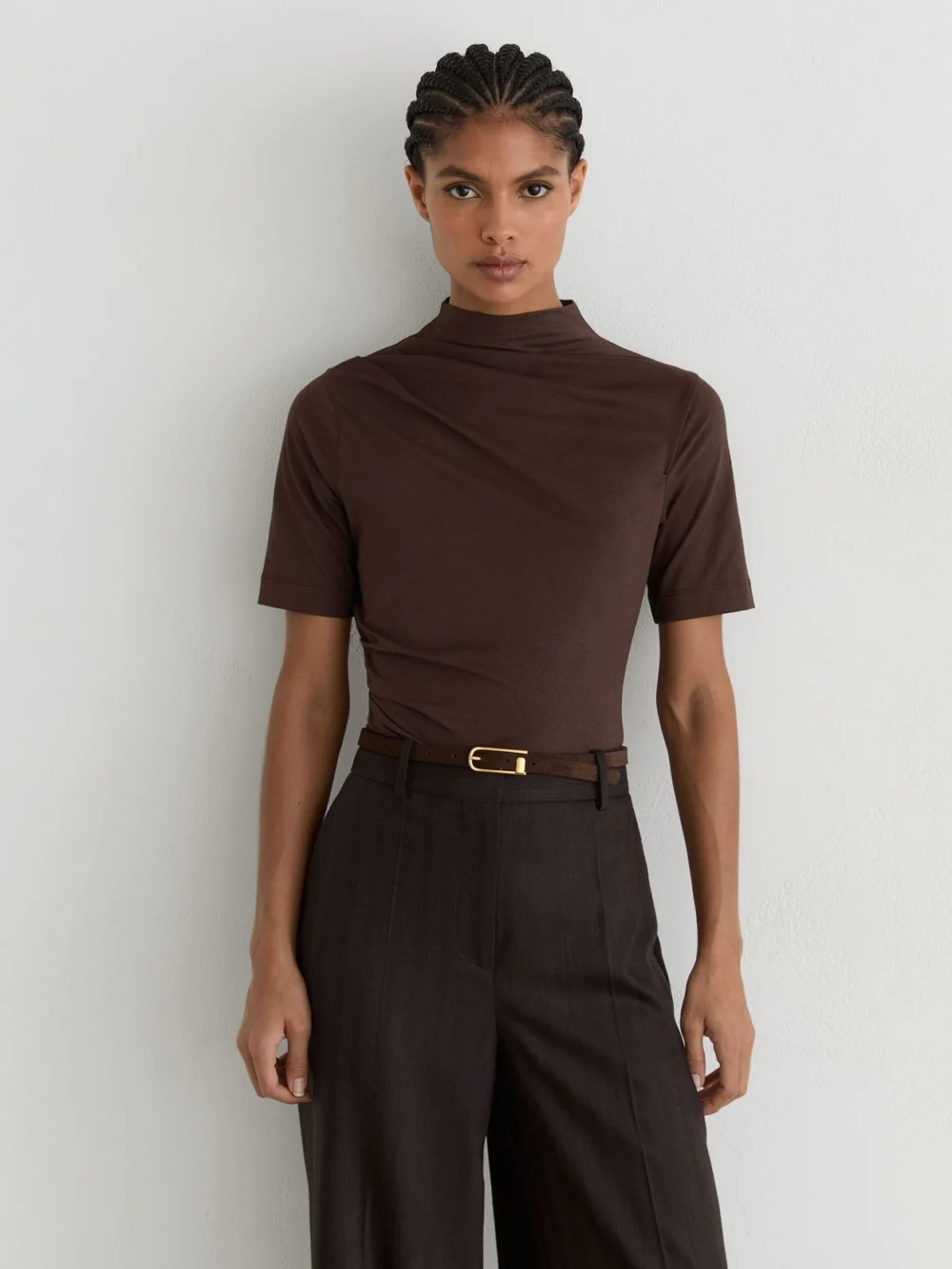Reiss Grape Burgundy Cotton-blend High-neck Draped Top, view 3