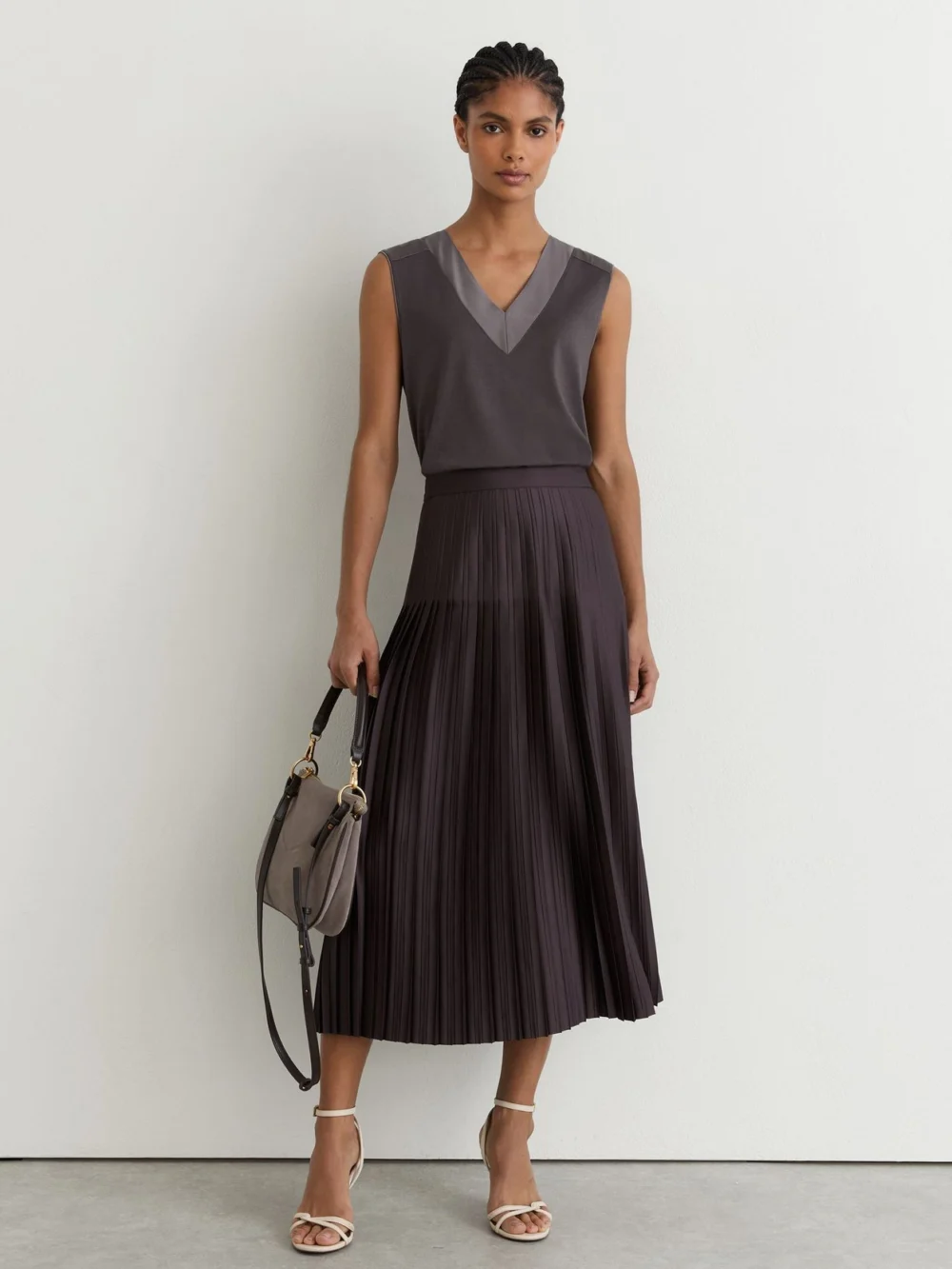 Reiss Grape Burgundy Cotton- Silk-trim Sleeveless Top, view 3