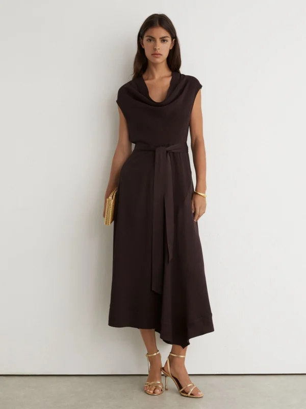 Reiss Grape Burgundy Cowl-neck Tie-waist Midi Dress