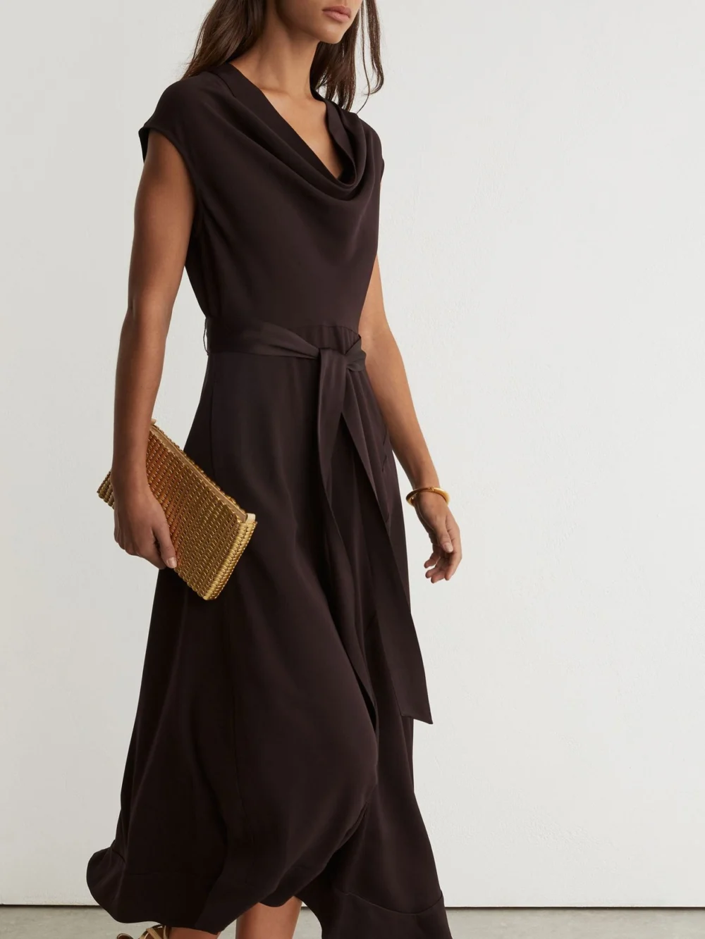 Reiss Grape Burgundy Cowl-neck Tie-waist Midi Dress, view 4