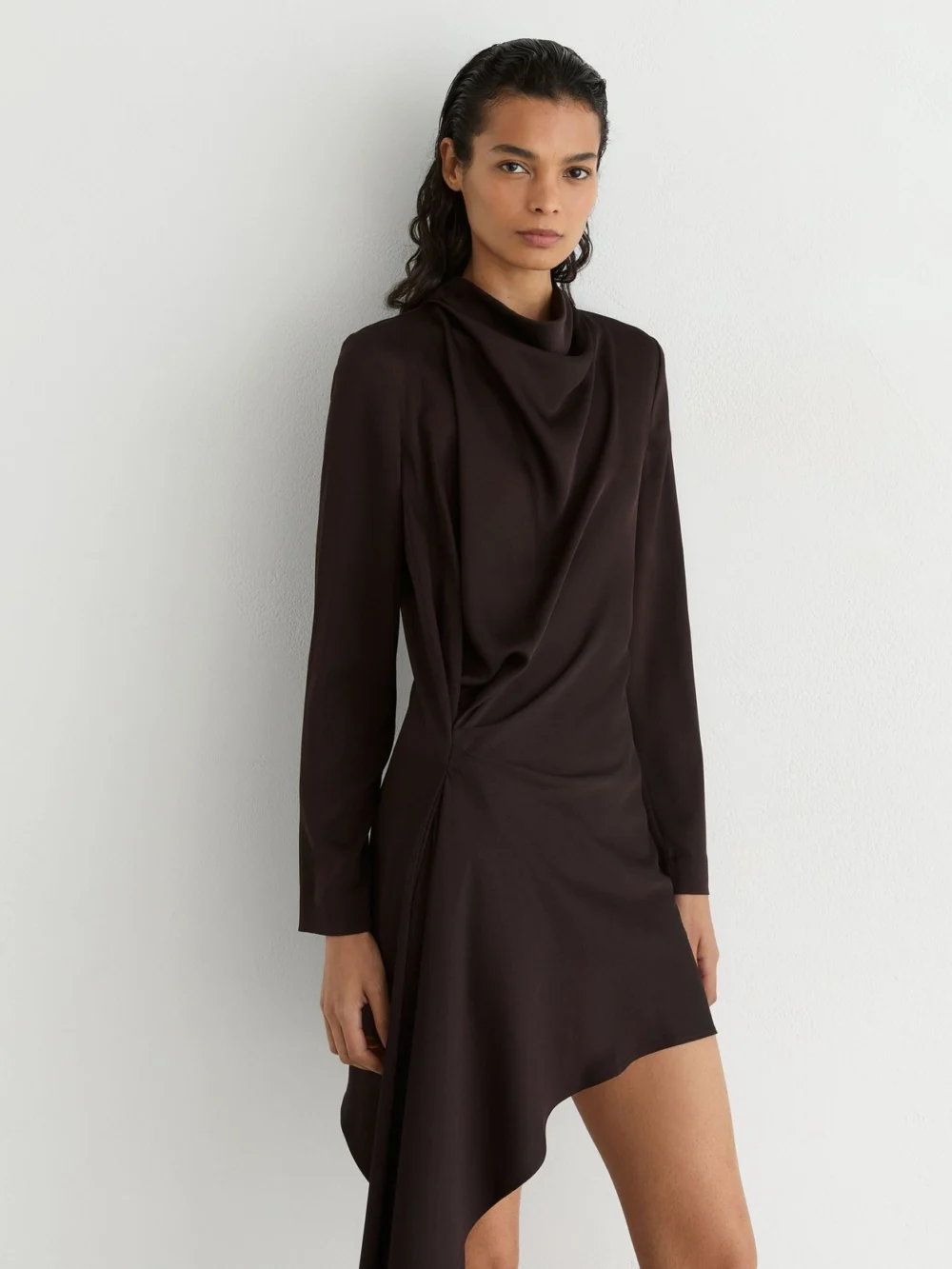 Reiss Grape Burgundy Draped Long-sleeve Mini Dress, view 3
