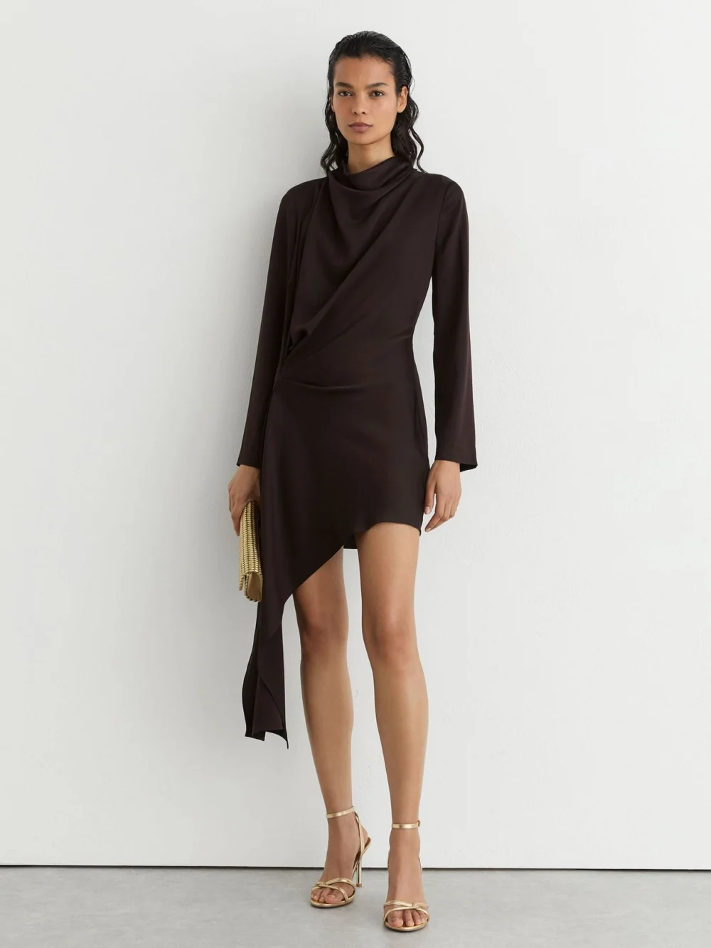Reiss Grape Burgundy Draped Long-sleeve Mini Dress, view 4