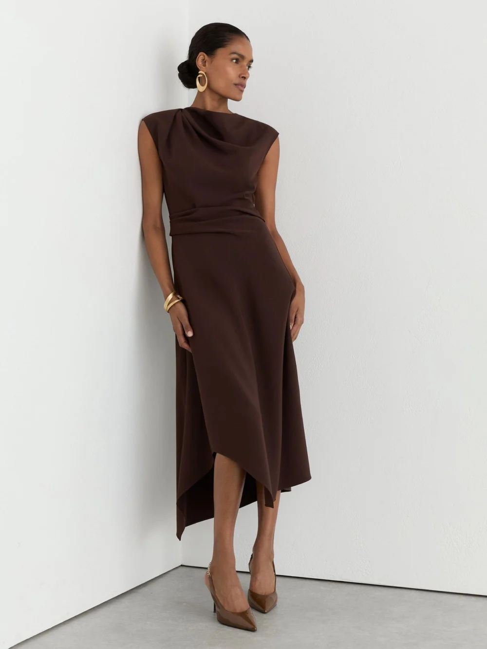 Reiss Grape Burgundy Gathered-detail Draped Midi Dress