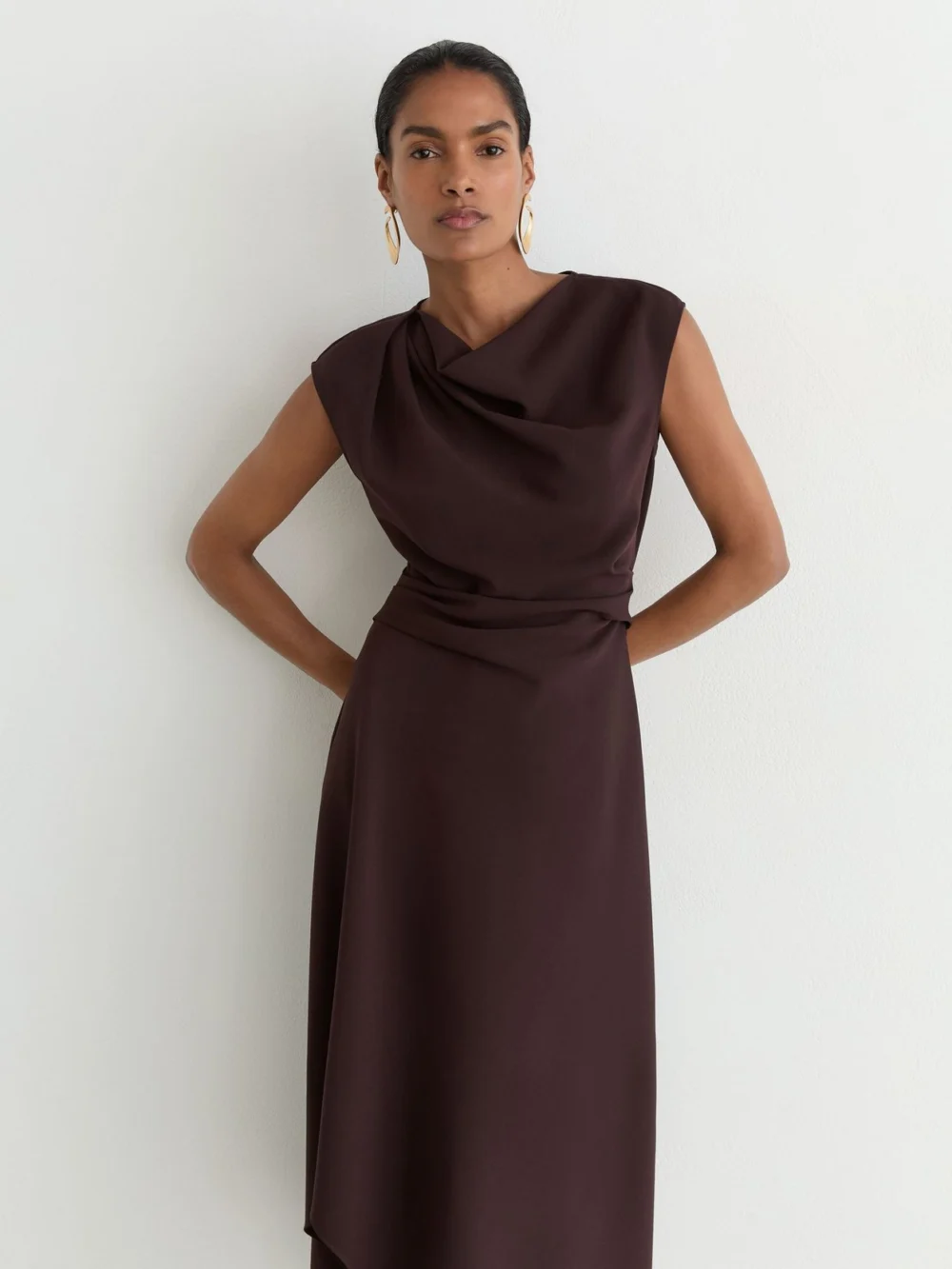 Reiss Grape Burgundy Gathered-detail Draped Midi Dress, view 4