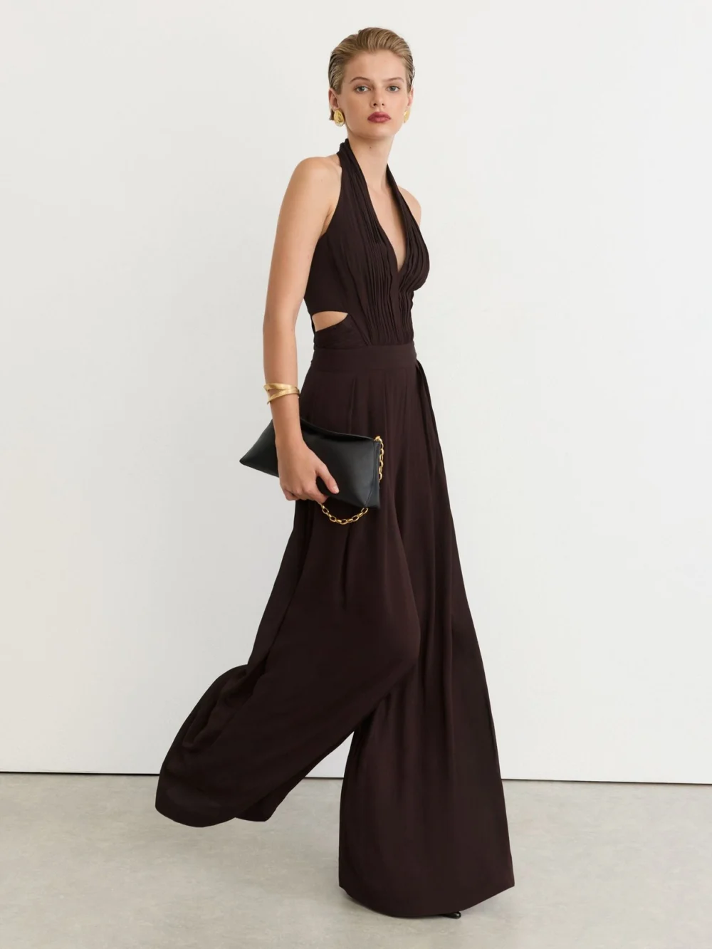 Reiss Grape Burgundy Halterneck Pleated Wide-leg Jumpsuit
