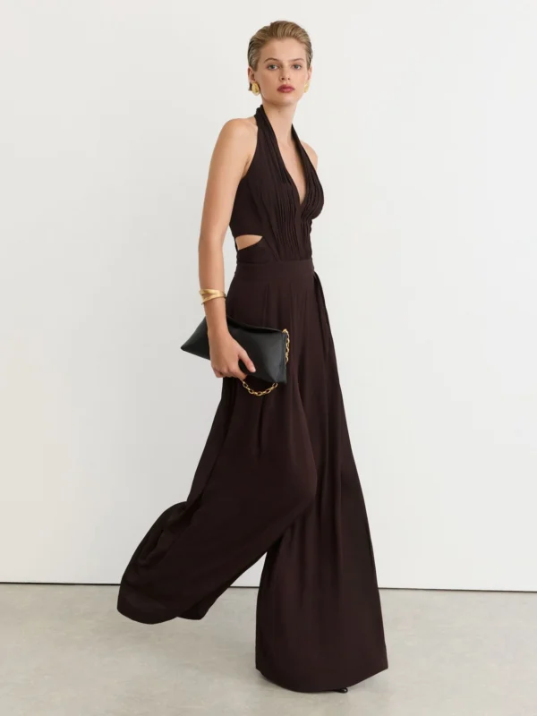 Reiss Grape Burgundy Halterneck Pleated Wide-leg Jumpsuit