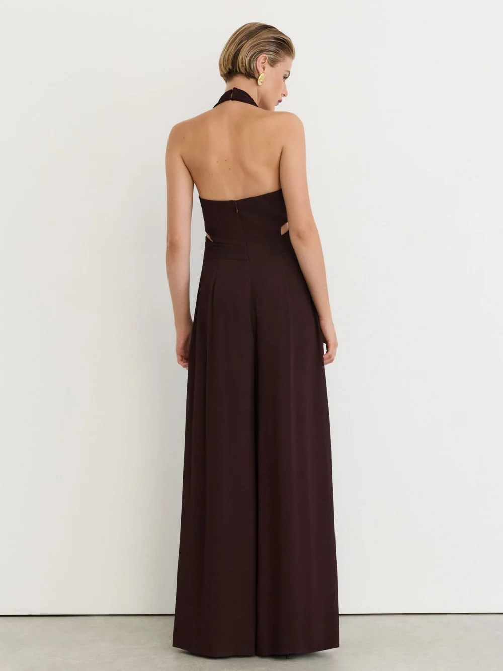 Reiss Grape Burgundy Halterneck Pleated Wide-leg Jumpsuit, view 4