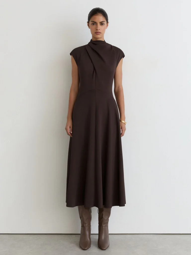 Reiss Grape Burgundy High-neck Pleat-detail Midi Dress
