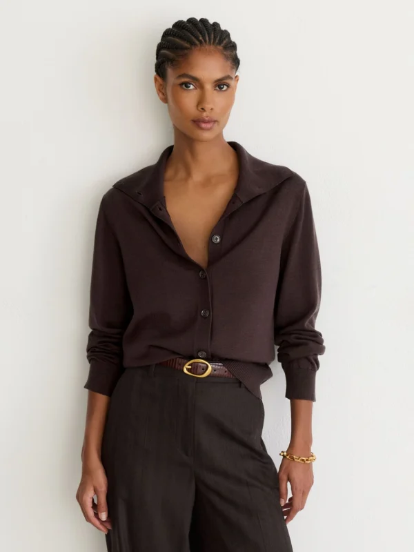 Reiss Grape Burgundy Merino Wool Collared Cardigan
