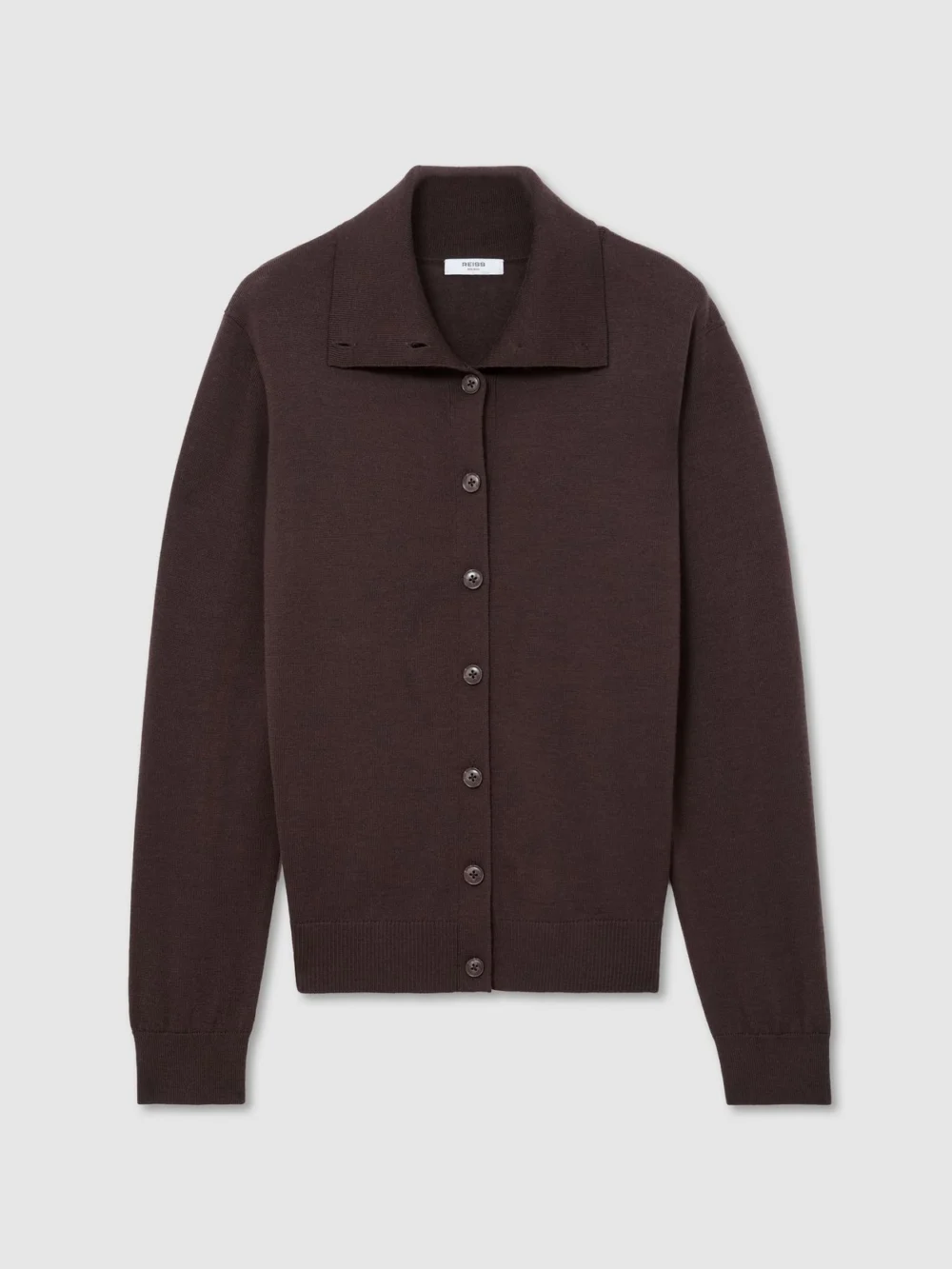 Reiss Grape Burgundy Merino Wool Collared Cardigan, view 2