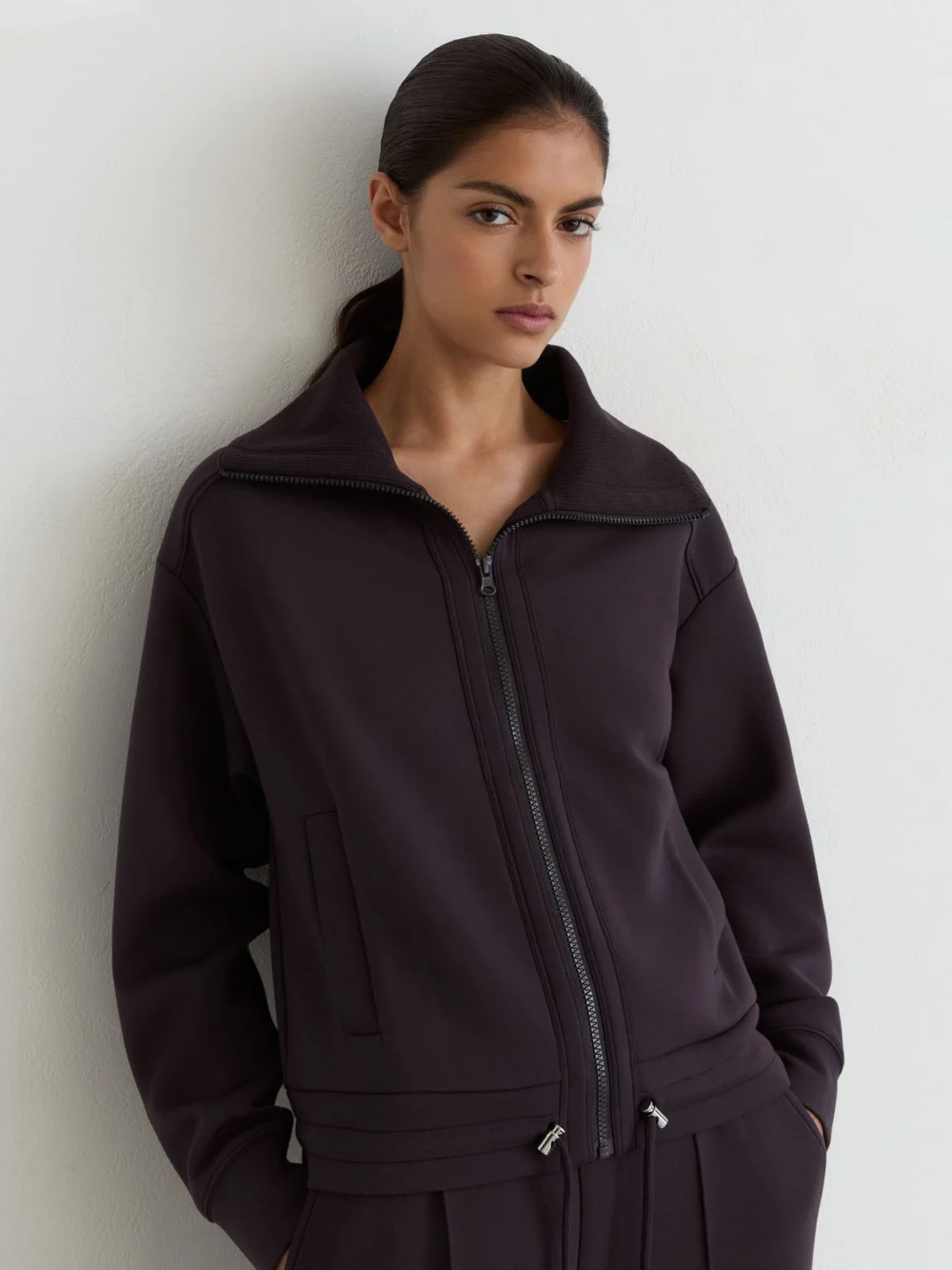 Reiss Grape Burgundy Premium Interlock Zip-front Sweatshirt, view 3