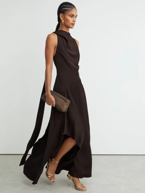 Reiss Grape Burgundy Satin Cape-detail Maxi Dress