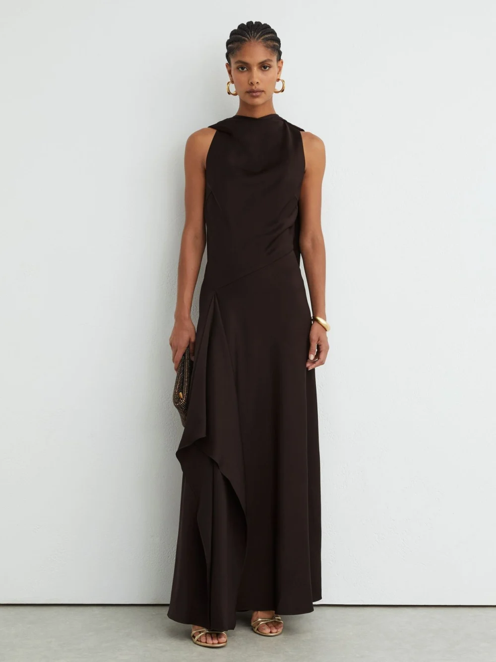 Reiss Grape Burgundy Satin Cape-detail Maxi Dress, view 3
